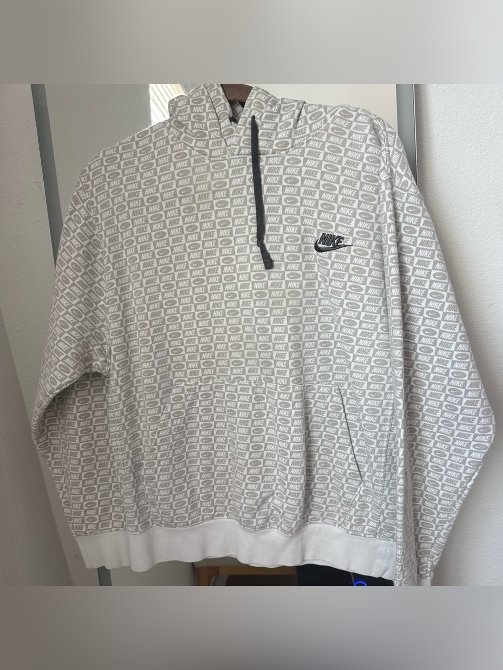 Nike White and Light Gray Allover Logo Crewneck Hoodie